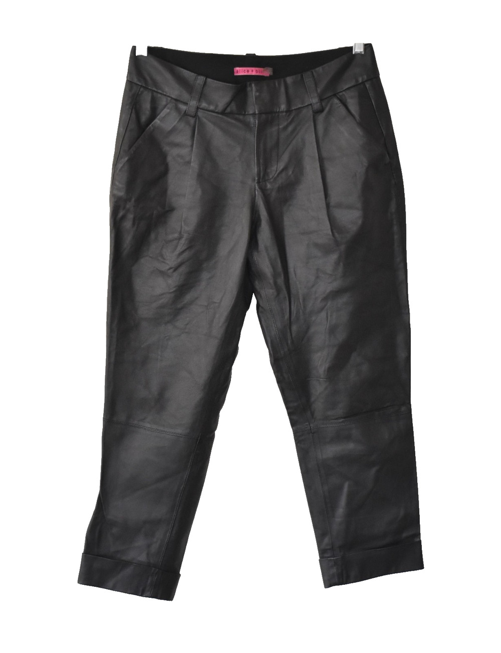 B0 Auth ALICE + OLIVIA Black Faux Leather Pleated Ankle Cuffs Crop Pants Size 2